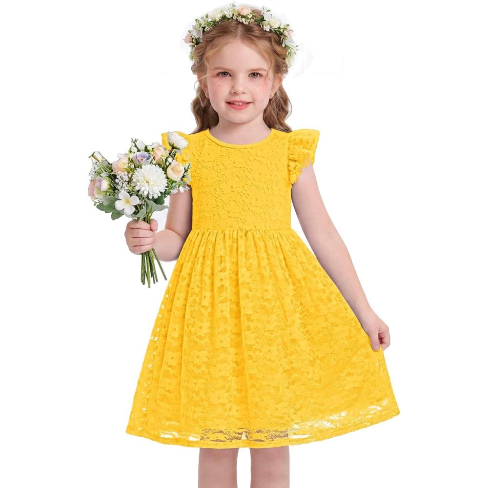 image:imageArshiner Flower Girl Dress Toddler Lace Tutu Ruffle Sleeve Wedding Birthday Party Tulle DressesYellow
