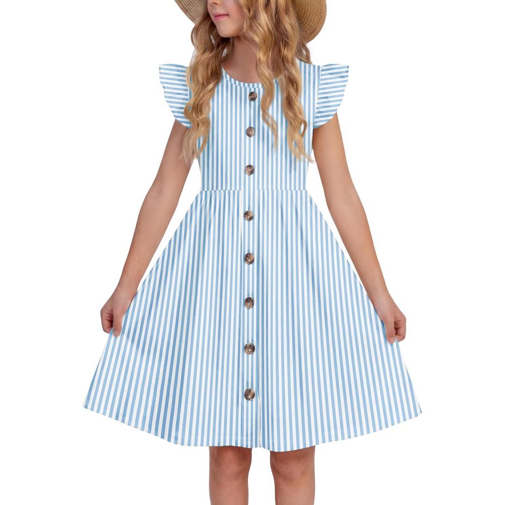 image:imageArshiner Girls Dress Flutter Sleeve ALine Button Down Sundress Casual Midi Dresses for 412 Years KidsWhiteblue Strip