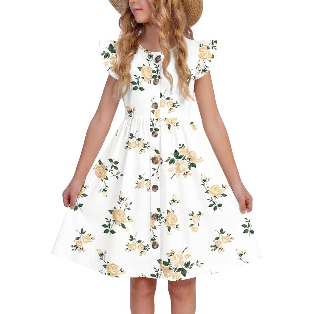 image:imageArshiner Girls Dress Flutter Sleeve ALine Button Down Sundress Casual Midi Dresses for 412 Years KidsYellow Flower