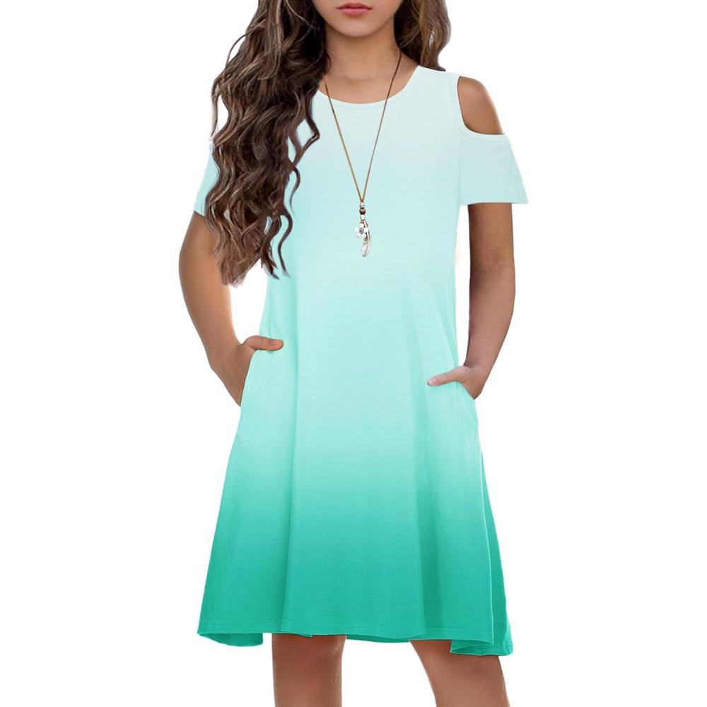 image:imageArshiner Girls Summer Dress Short Sleeve Cold Shoulder Solid Color Swing Casual Dresses with PocketsLight Green Gradient