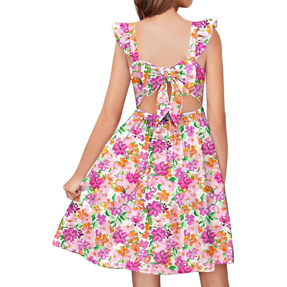 image:imageArshiner Girls Summer Dresses Square Neck Ruffle Sleeve Tie Back ALine Swing Casual Midi Dress with PocketsPink Purple Floral