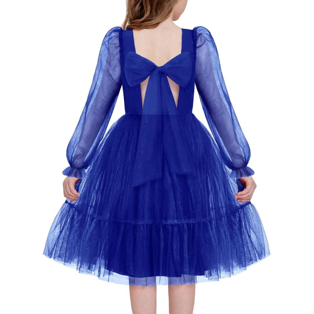 image:imageArshiner Girls Tie Back Dress Puff Long Sleeve Formal Square Neck Party Tulle DressesRoyal Blue