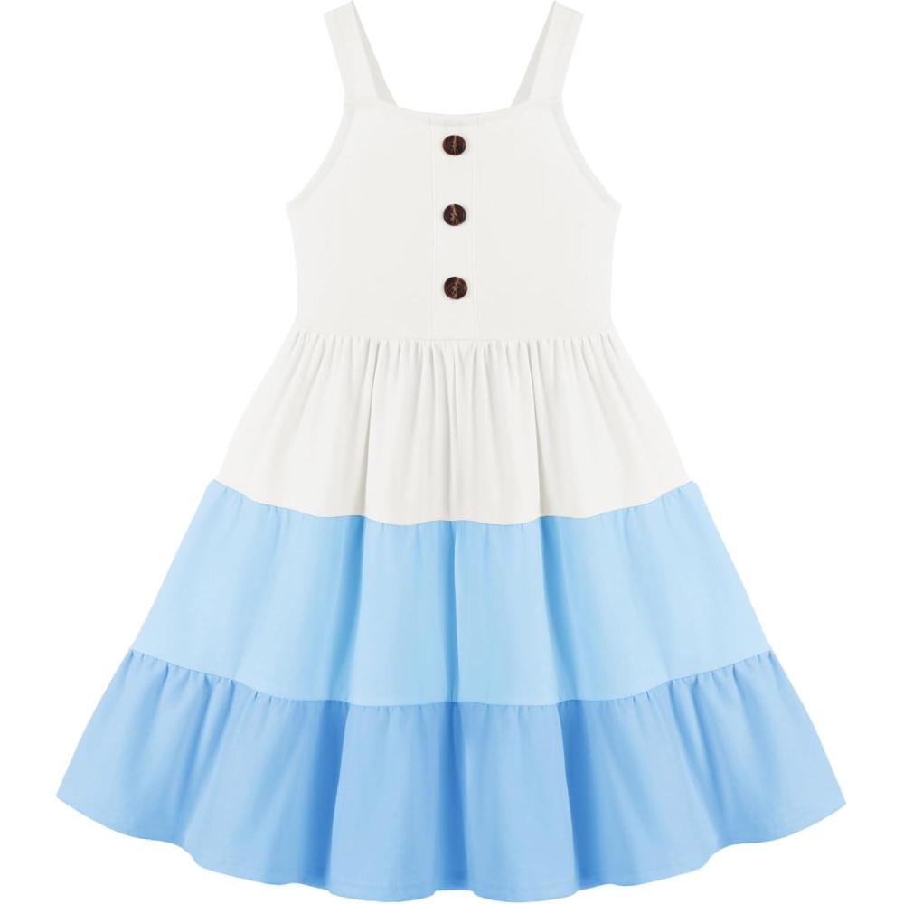 image:imageArshiner Toddler Girl Summer Dresses Casual Sleeveless Button Down Swing Flowy Tiered Midi Sundress with PocketsBlue Color Block