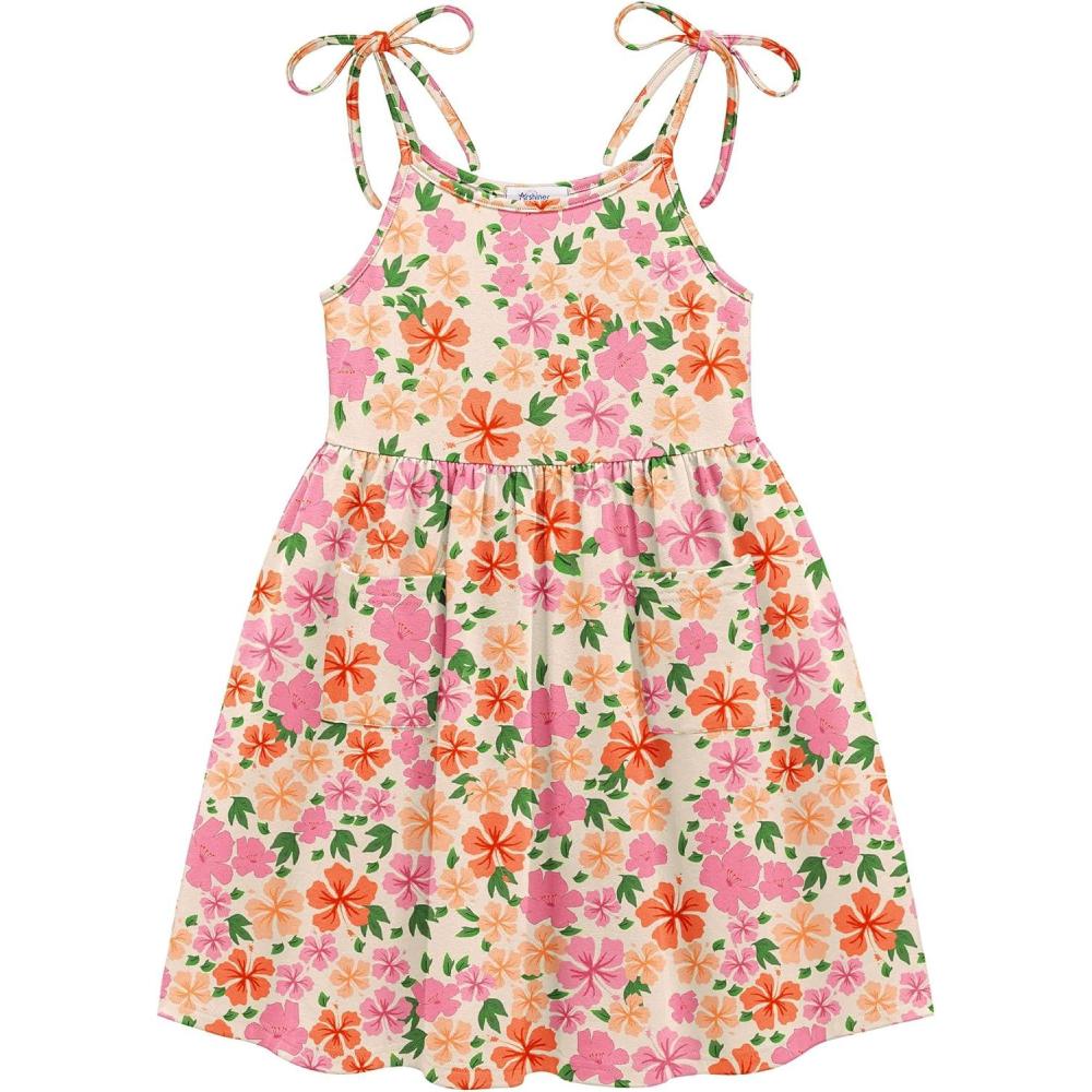 image:imageArshiner Toddler Summer Dress Little Girls Sleeveless Bowknot Sundress Casual Beach Party Dresses with PocketOrange Pink Floral