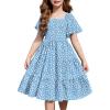 Arshiner Girls Summer Dress Tween Boho Casual Smocked Swing Flowy Ruffle Midi Dresses with Pockets(Blue Floral)