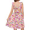 Arshiner Girls Summer Dresses Square Neck Ruffle Sleeve Tie Back A-Line Swing Casual Midi Dress with Pockets(Pink Purple Floral)
