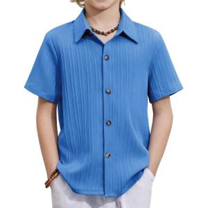 Arshiner Boys Casual Short Sleeve Button Down Shirt Fashion Textured Summer Beach Shirt 3-13 Years Old(Bright Blue)