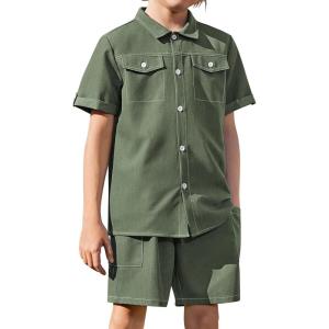 Arshiner Boys Woven Shorts Set Academic Style Button Down Shirt and Denim Shorts Casual 2-Piece Clothes Outfits 4-12 Years(Army Green)