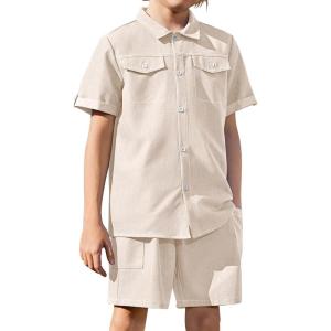 Arshiner Boys Woven Shorts Set Academic Style Button Down Shirt and Denim Shorts Casual 2-Piece Clothes Outfits 4-12 Years(Beige)