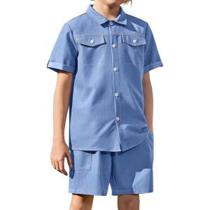 Arshiner Boys Woven Shorts Set Academic Style Button Down Shirt and Denim Shorts Casual 2-Piece Clothes Outfits 4-12 Years(Blue)