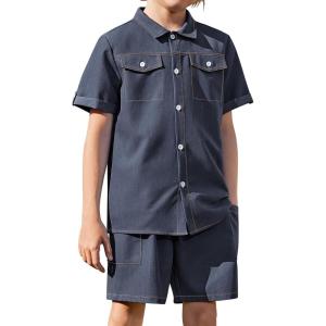Arshiner Boys Woven Shorts Set Academic Style Button Down Shirt and Denim Shorts Casual 2-Piece Clothes Outfits 4-12 Years(Navy Blue)