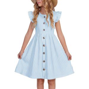 Arshiner Girls Dress Flutter Sleeve A-Line Button Down Sundress Casual Midi Dresses for 4-12 Years Kids(White&blue Strip)