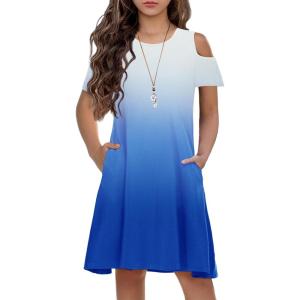 Arshiner Girls Summer Dress Short Sleeve Cold Shoulder Solid Color Swing Casual Dresses with Pockets(Blue Gradient-1)