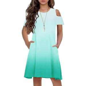 Arshiner Girls Summer Dress Short Sleeve Cold Shoulder Solid Color Swing Casual Dresses with Pockets(Light Green Gradient)