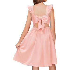 Arshiner Girls Summer Dresses Square Neck Ruffle Sleeve Tie Back A-Line Swing Casual Midi Dress with Pockets(Pink)