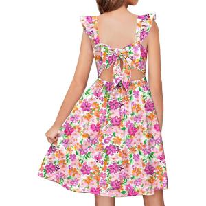 Arshiner Girls Summer Dresses Square Neck Ruffle Sleeve Tie Back A-Line Swing Casual Midi Dress with Pockets(Pink Purple Floral)