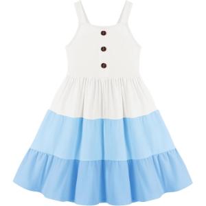 Arshiner Toddler Girl Summer Dresses Casual Sleeveless Button Down Swing Flowy Tiered Midi Sundress with Pockets(Blue Color Block)