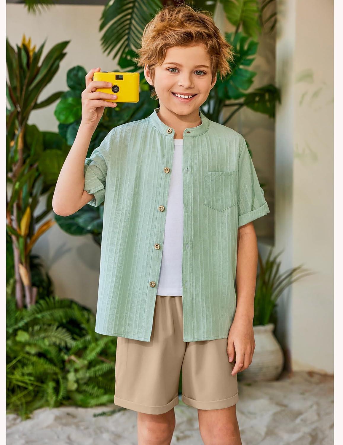 image:imageArshiner Boys 2 Piece Beach Outfit Short Sleeve Textured Button Down Shirt and Short Sets Summer Vacation Wear 412 YearsGreen Khaki