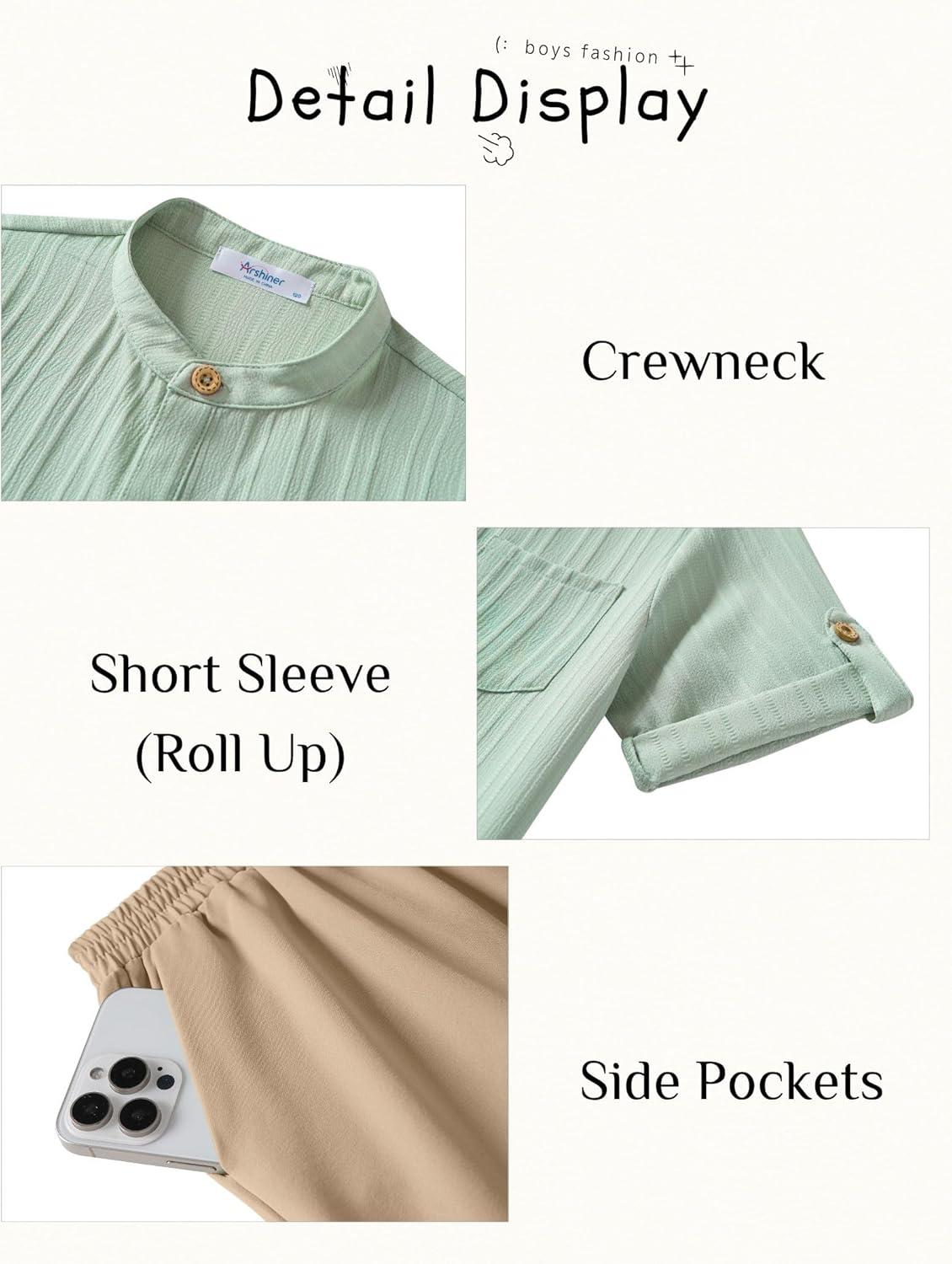 image:imageArshiner Boys 2 Piece Beach Outfit Short Sleeve Textured Button Down Shirt and Short Sets Summer Vacation Wear 412 YearsGreen Khaki