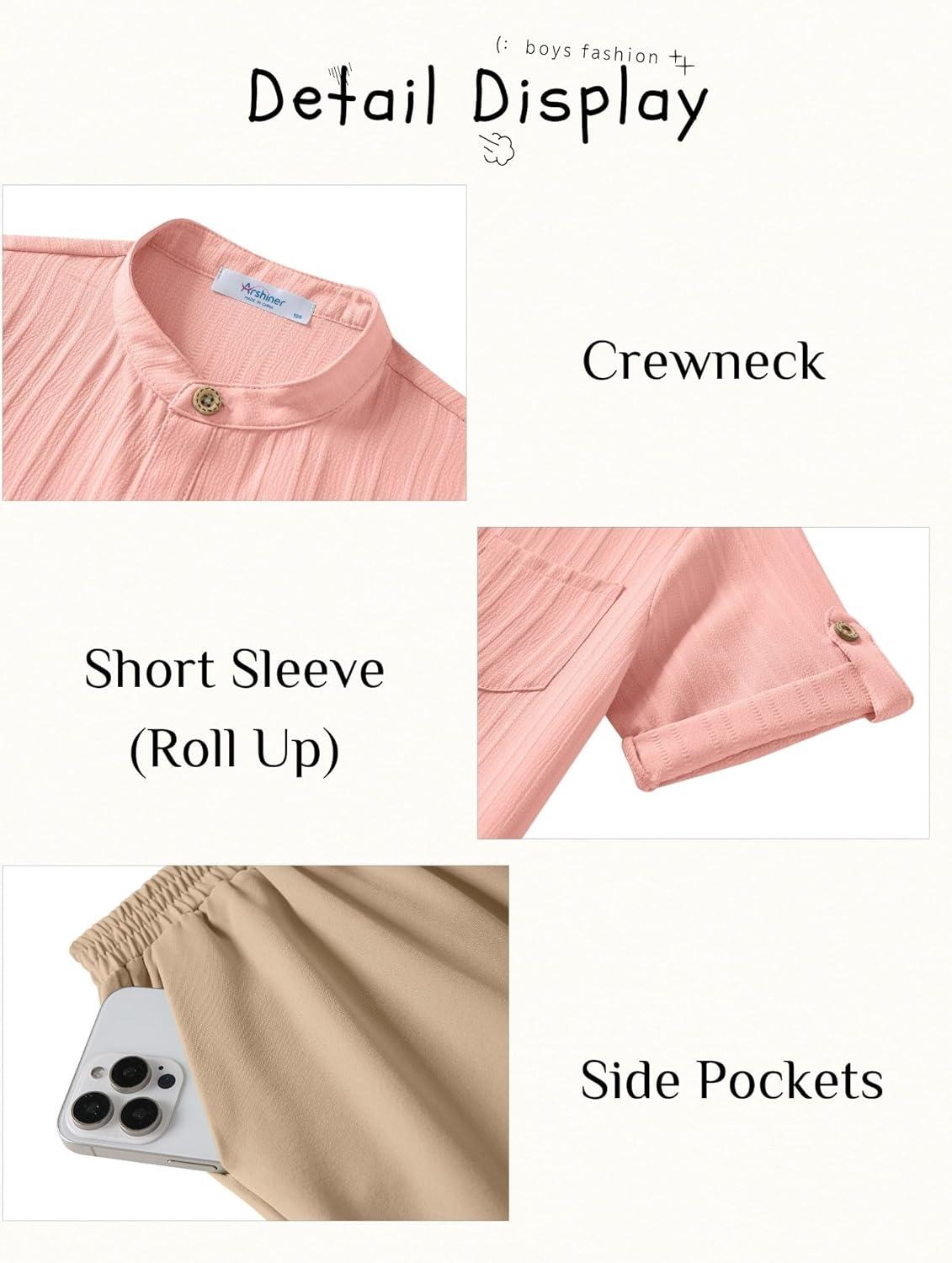 image:imageArshiner Boys 2 Piece Beach Outfit Short Sleeve Textured Button Down Shirt and Short Sets Summer Vacation Wear 412 YearsLight Pink Khaki