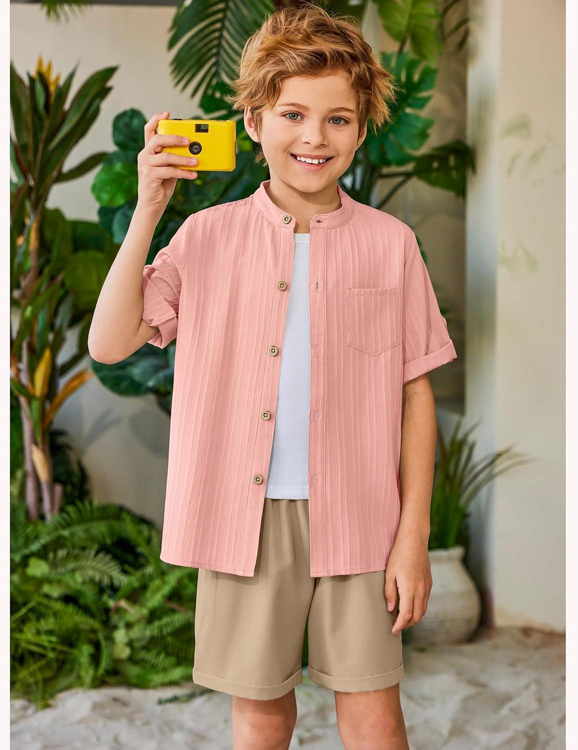 image:imageArshiner Boys 2 Piece Beach Outfit Short Sleeve Textured Button Down Shirt and Short Sets Summer Vacation Wear 412 YearsLight Pink Khaki