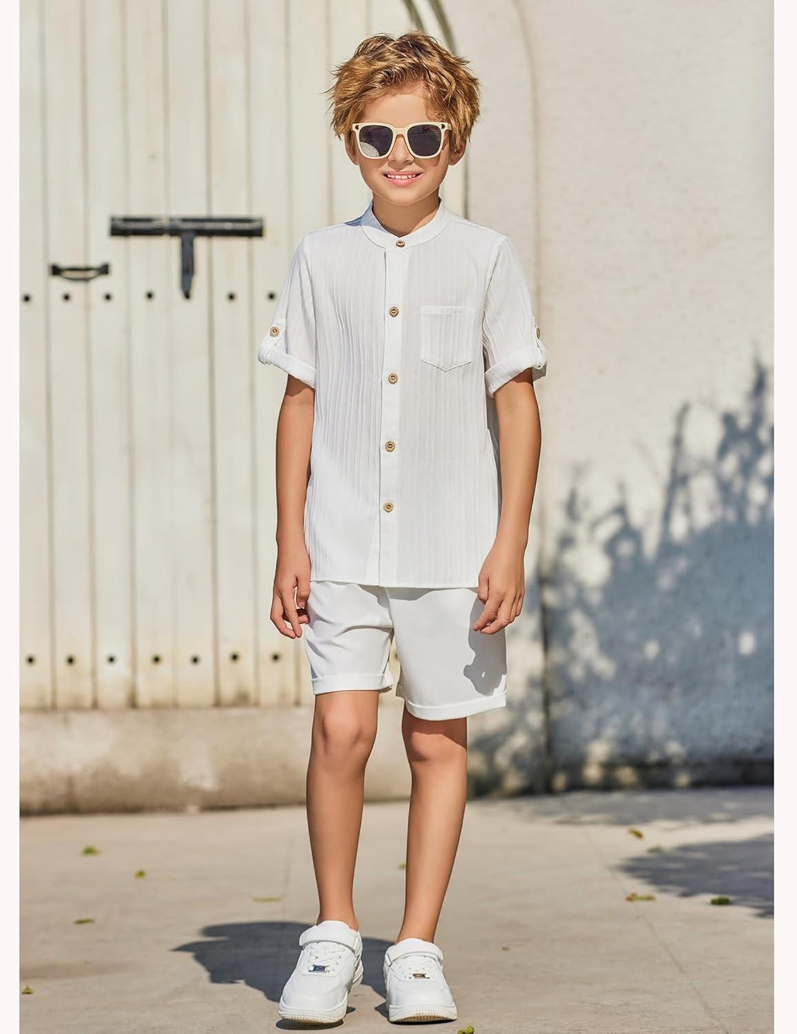 image:imageArshiner Boys 2 Piece Beach Outfit Short Sleeve Textured Button Down Shirt and Short Sets Summer Vacation Wear 412 YearsWhite