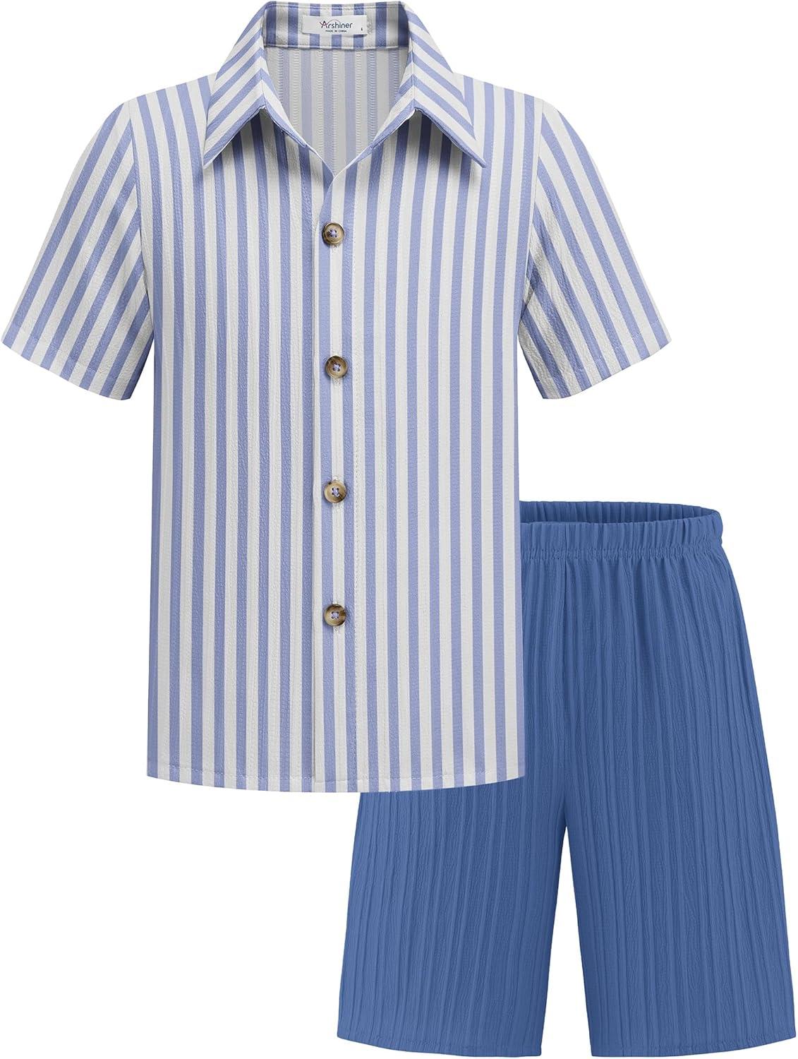 image:imageArshiner Boys Summer Beach Outfits Textured Button Down Shirt and Short Sets Casual Vacation Clothes for 512 YearsBlue Stripe Navy