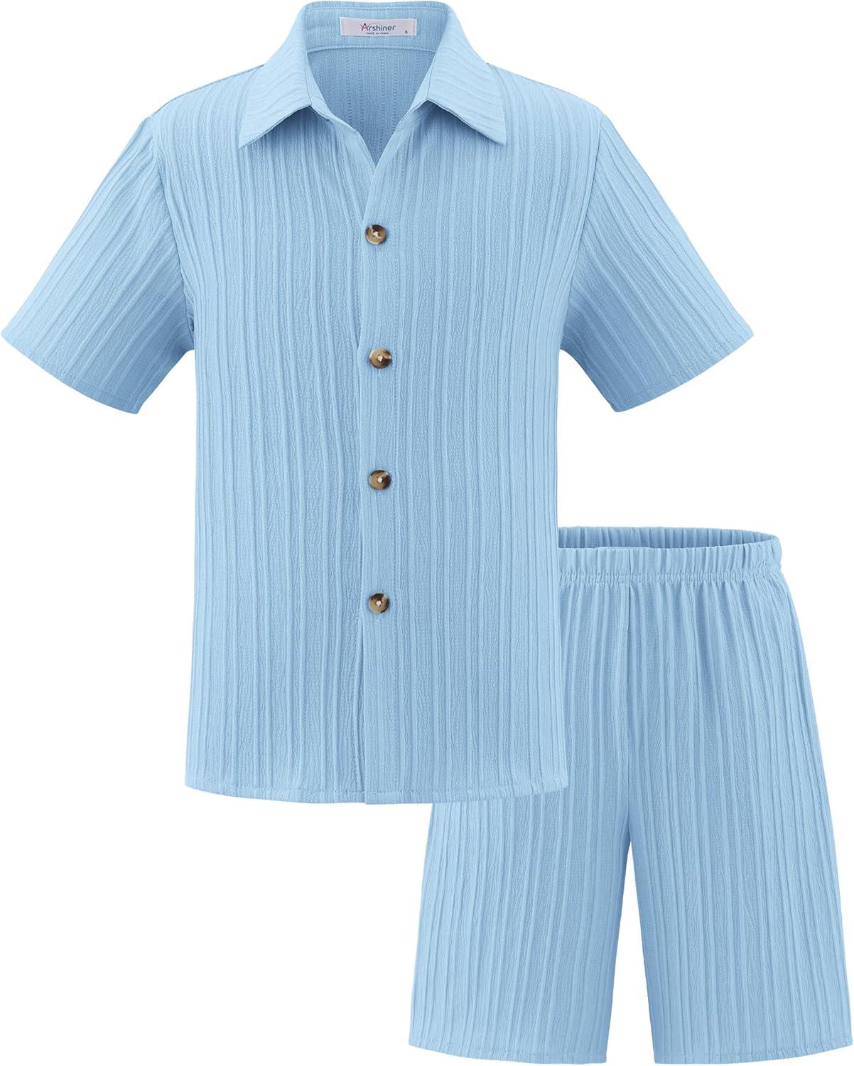 image:imageArshiner Boys Summer Beach Outfits Textured Button Down Shirt and Short Sets Casual Vacation Clothes for 512 YearsLight Blue