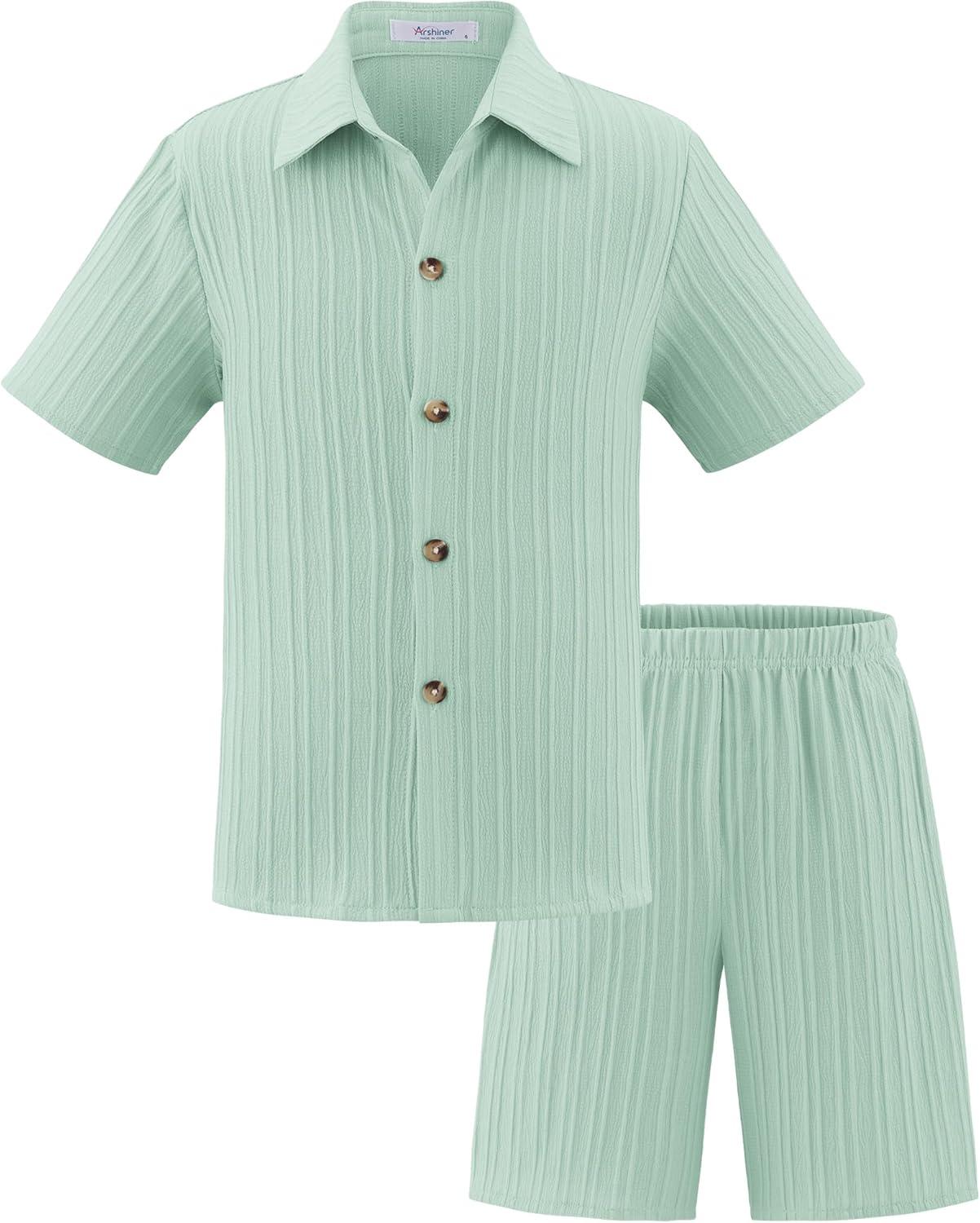 image:imageArshiner Boys Summer Beach Outfits Textured Button Down Shirt and Short Sets Casual Vacation Clothes for 512 YearsLight Green