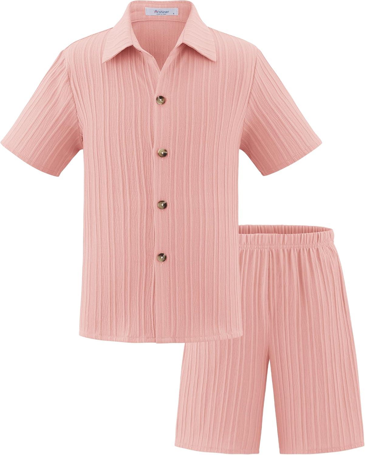 image:imageArshiner Boys Summer Beach Outfits Textured Button Down Shirt and Short Sets Casual Vacation Clothes for 512 YearsPink