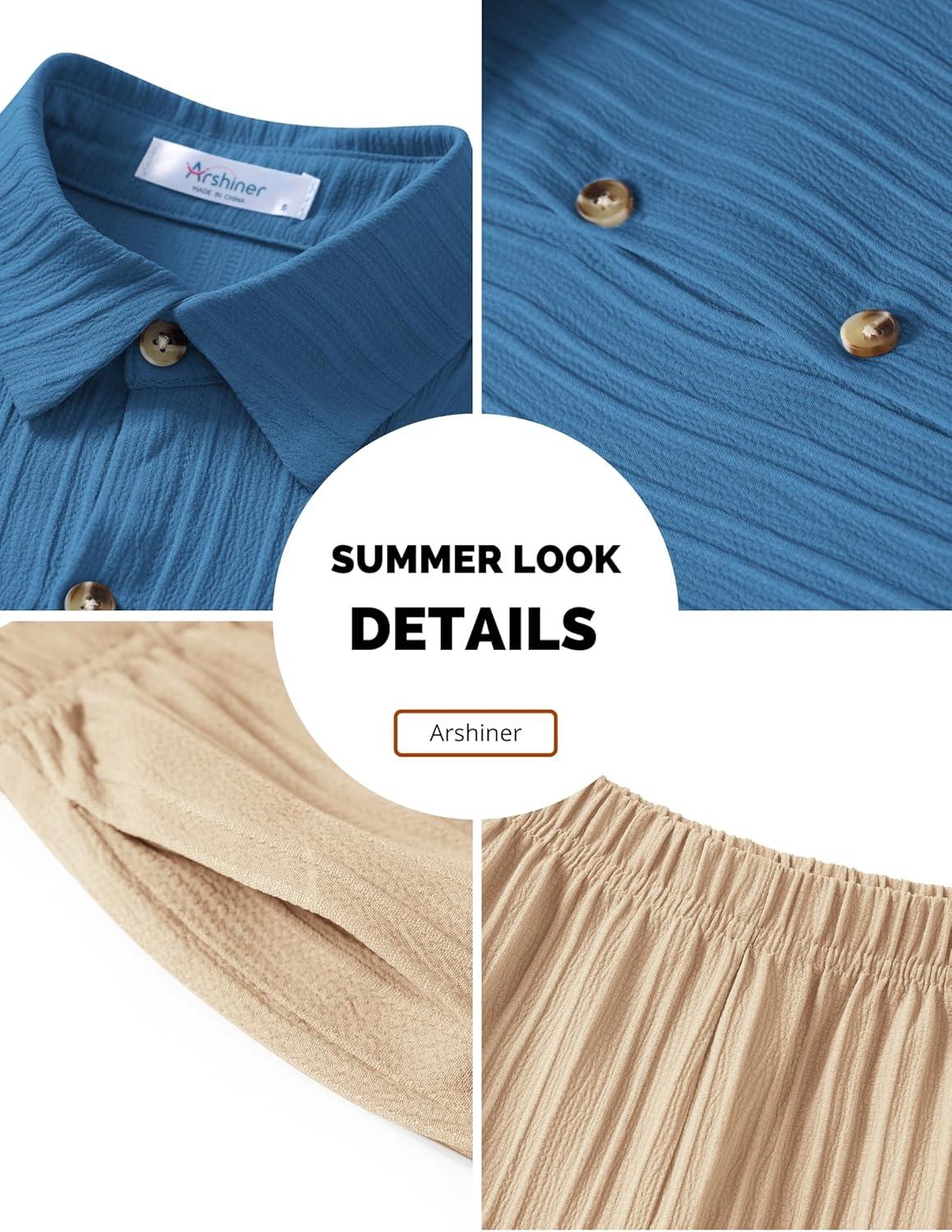 image:imageArshiner Boys Summer Beach Outfits Textured Button Down Shirt and Short Sets Casual Vacation Clothes for 512 YearsRoyal Blue Khaki