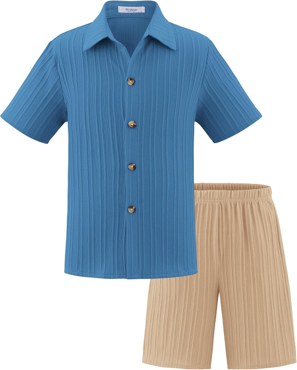 image:imageArshiner Boys Summer Beach Outfits Textured Button Down Shirt and Short Sets Casual Vacation Clothes for 512 YearsRoyal Blue Khaki