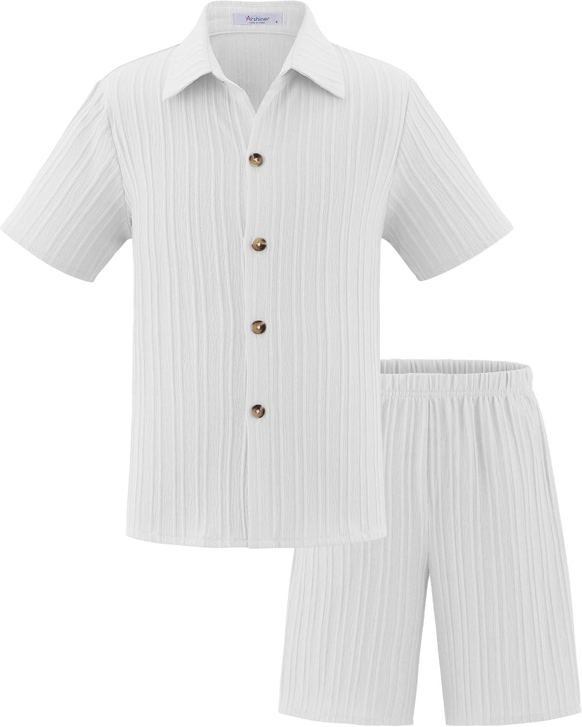 image:imageArshiner Boys Summer Beach Outfits Textured Button Down Shirt and Short Sets Casual Vacation Clothes for 512 YearsWhite