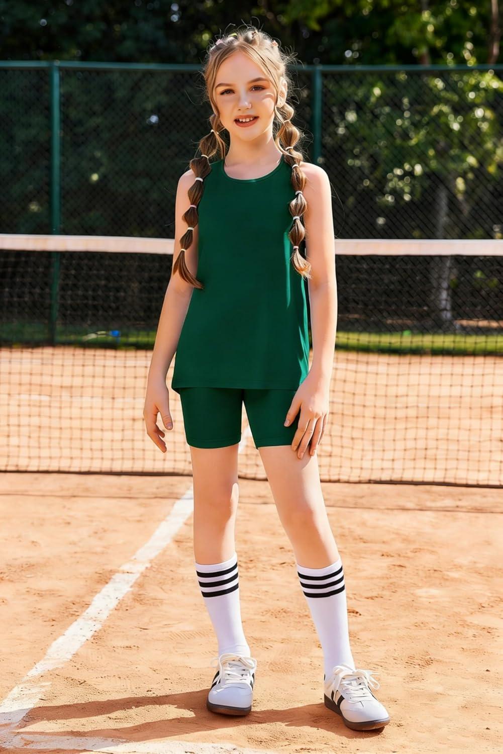 image:imageArshiner Girls 2 Piece Outfits Summer Clothes Sleeveless Pullover Open Back Tank Tops and Biker Shorts Kids Athletic SetsGreen
