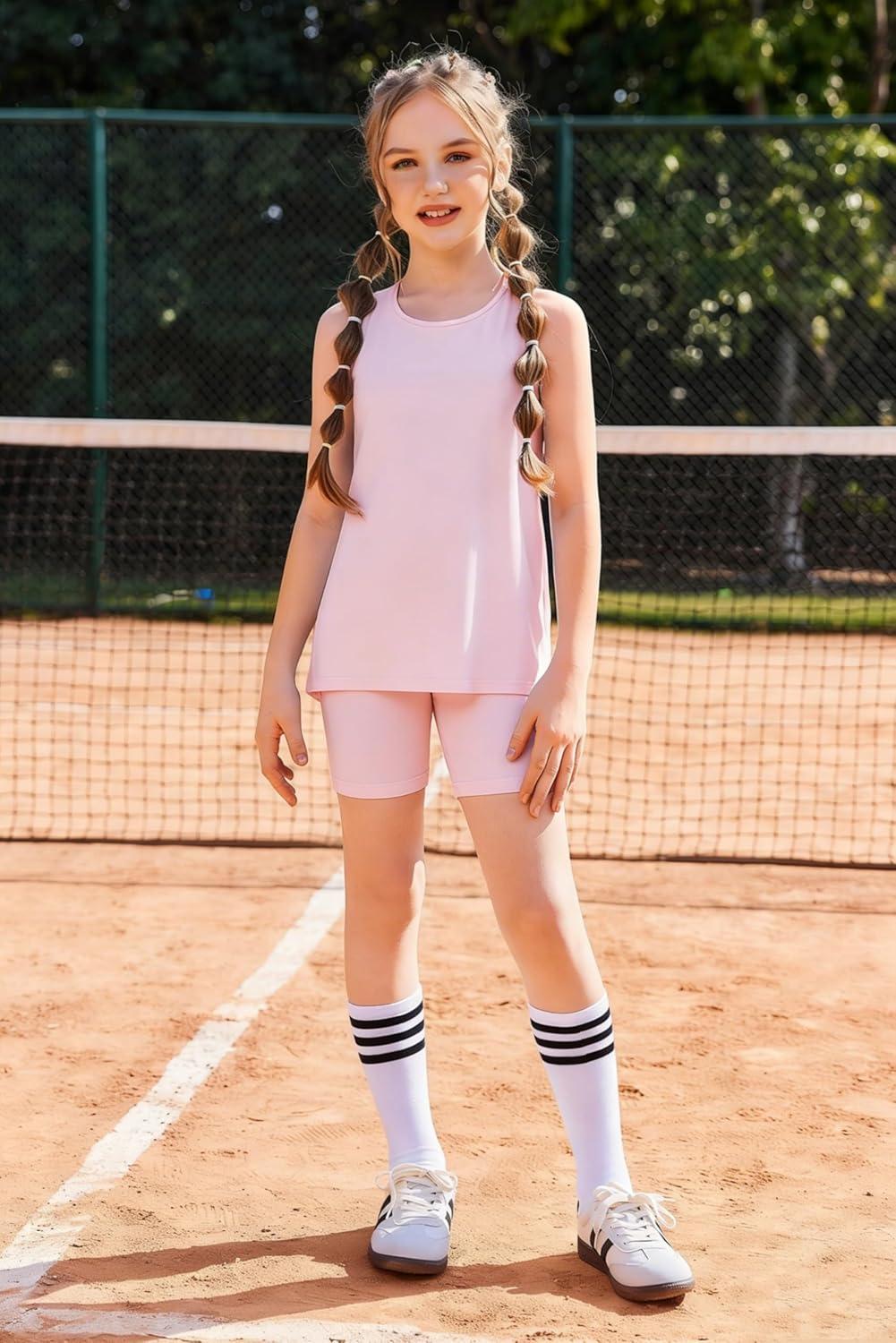 image:imageArshiner Girls 2 Piece Outfits Summer Clothes Sleeveless Pullover Open Back Tank Tops and Biker Shorts Kids Athletic SetsPink