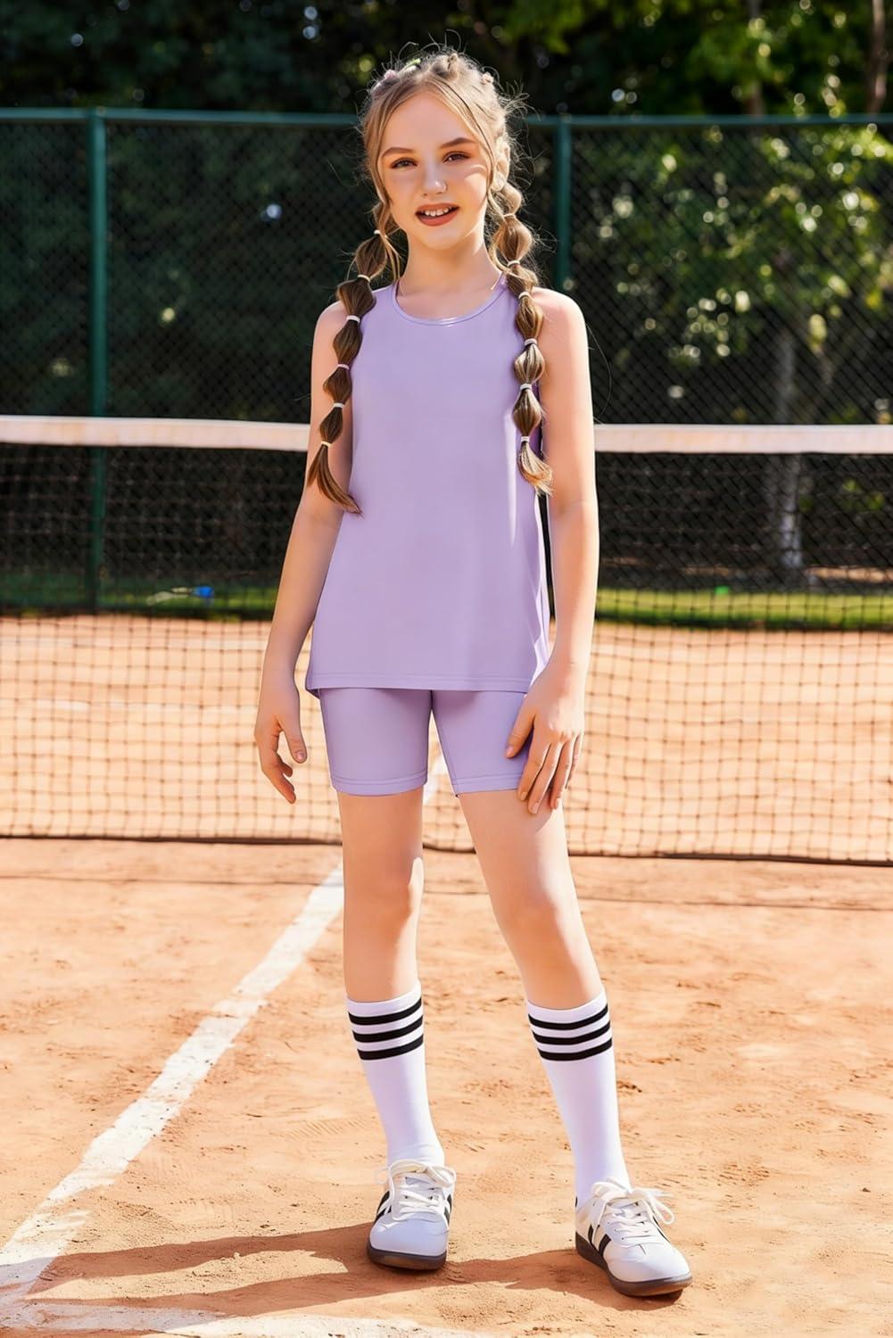 image:imageArshiner Girls 2 Piece Outfits Summer Clothes Sleeveless Pullover Open Back Tank Tops and Biker Shorts Kids Athletic SetsPurple
