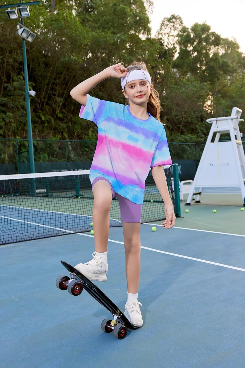 image:imageArshiner Girls Clothes Summer 2 Piece Outfits Drop Shoulder TShirts and Biker Shorts Kids Fashion Clothing SetsTie Dyepurple