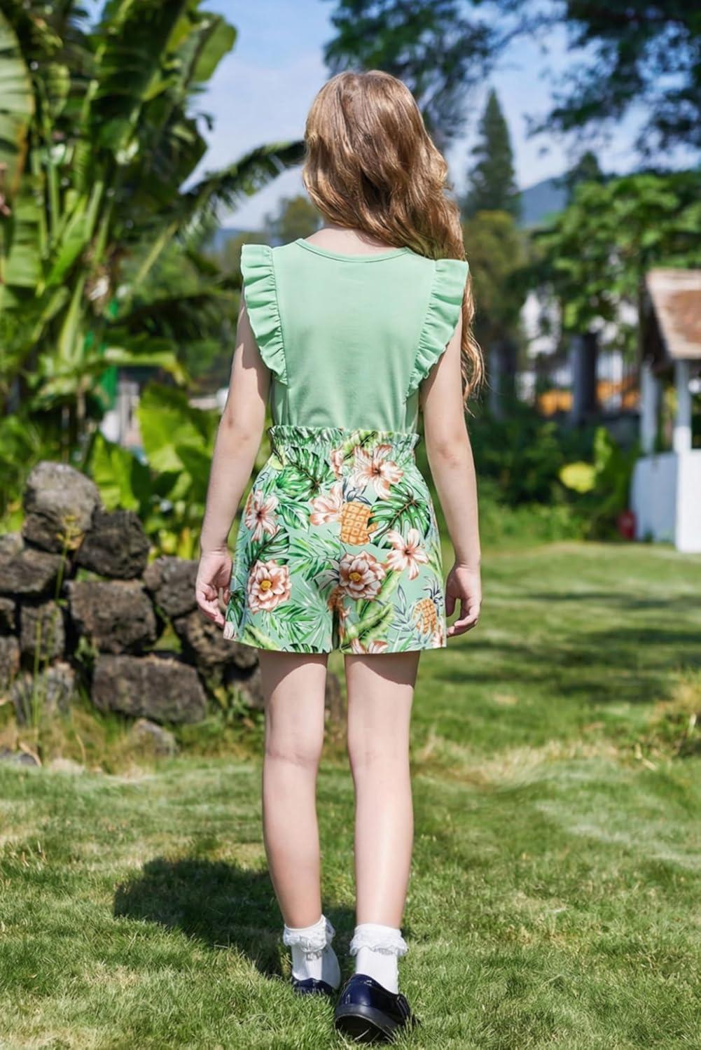 image:imageArshiner Girls Clothes Summer Outfits Ruffle Sleeve Tops and Paperbag Waist Shorts with Pockets Kids Clothing SetGreen Leaf