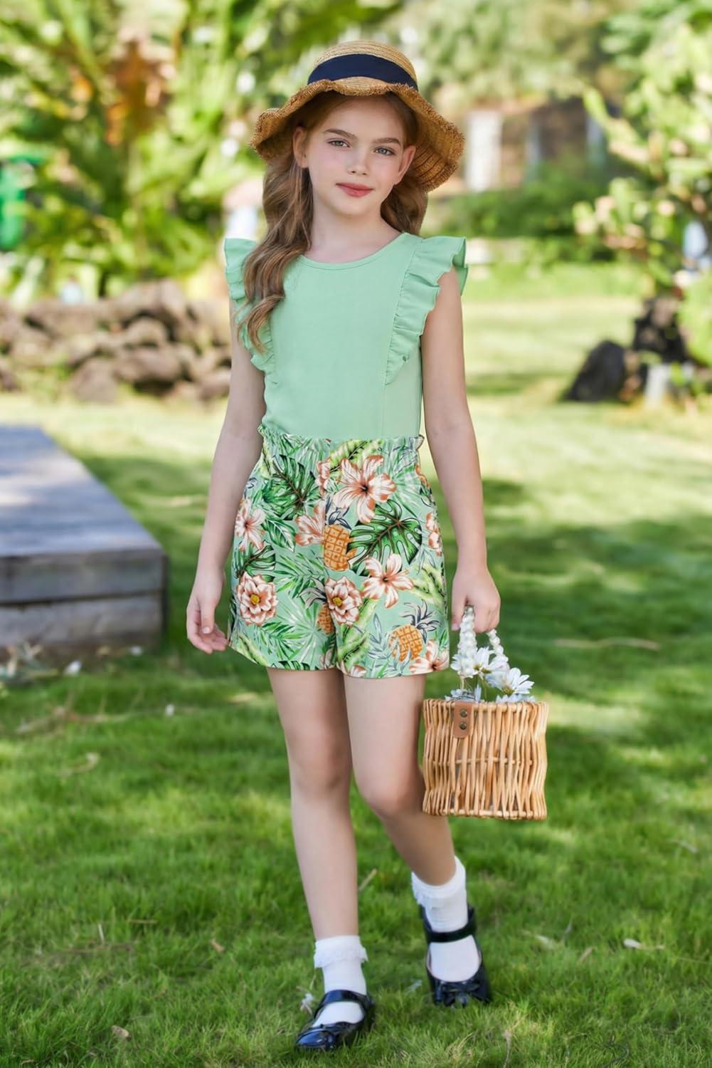 image:imageArshiner Girls Clothes Summer Outfits Ruffle Sleeve Tops and Paperbag Waist Shorts with Pockets Kids Clothing SetGreen Leaf