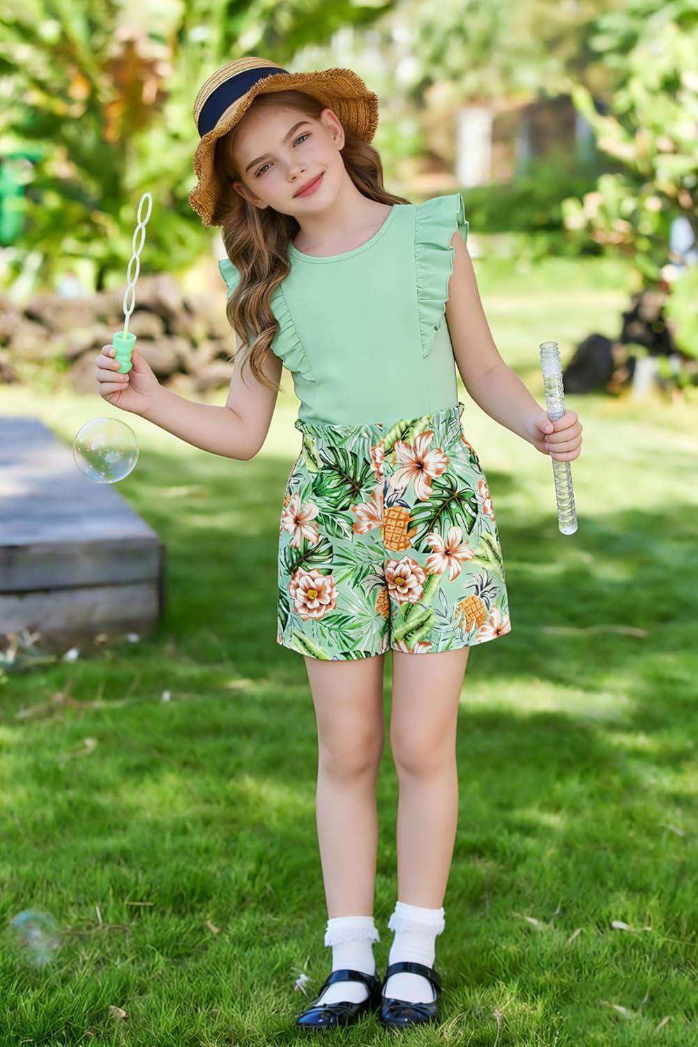 image:imageArshiner Girls Clothes Summer Outfits Ruffle Sleeve Tops and Paperbag Waist Shorts with Pockets Kids Clothing SetGreen Leaf
