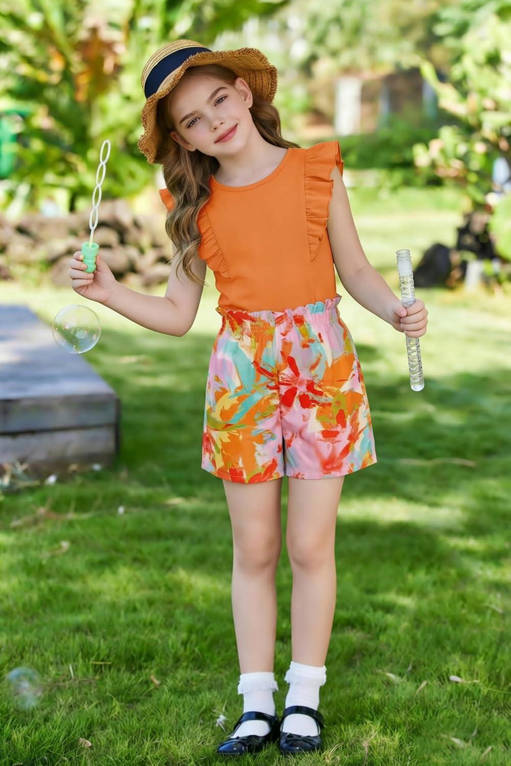 image:imageArshiner Girls Clothes Summer Outfits Ruffle Sleeve Tops and Paperbag Waist Shorts with Pockets Kids Clothing SetOrange Leaf