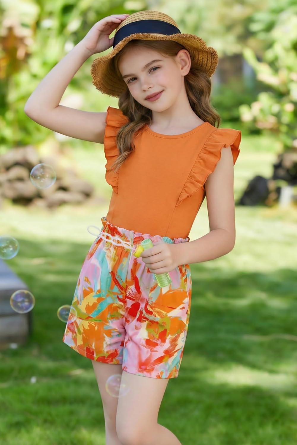 image:imageArshiner Girls Clothes Summer Outfits Ruffle Sleeve Tops and Paperbag Waist Shorts with Pockets Kids Clothing SetOrange Leaf