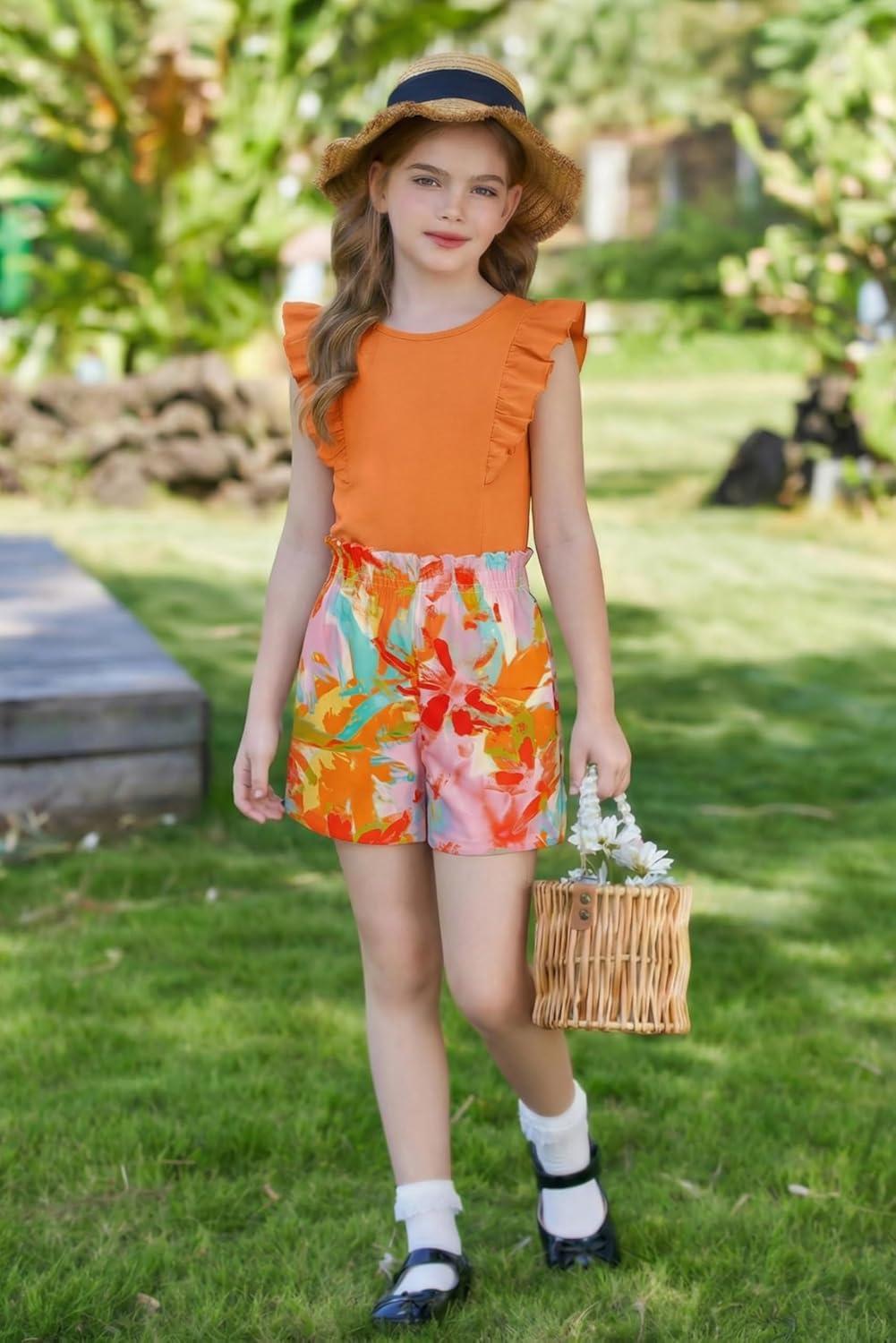image:imageArshiner Girls Clothes Summer Outfits Ruffle Sleeve Tops and Paperbag Waist Shorts with Pockets Kids Clothing SetOrange Leaf