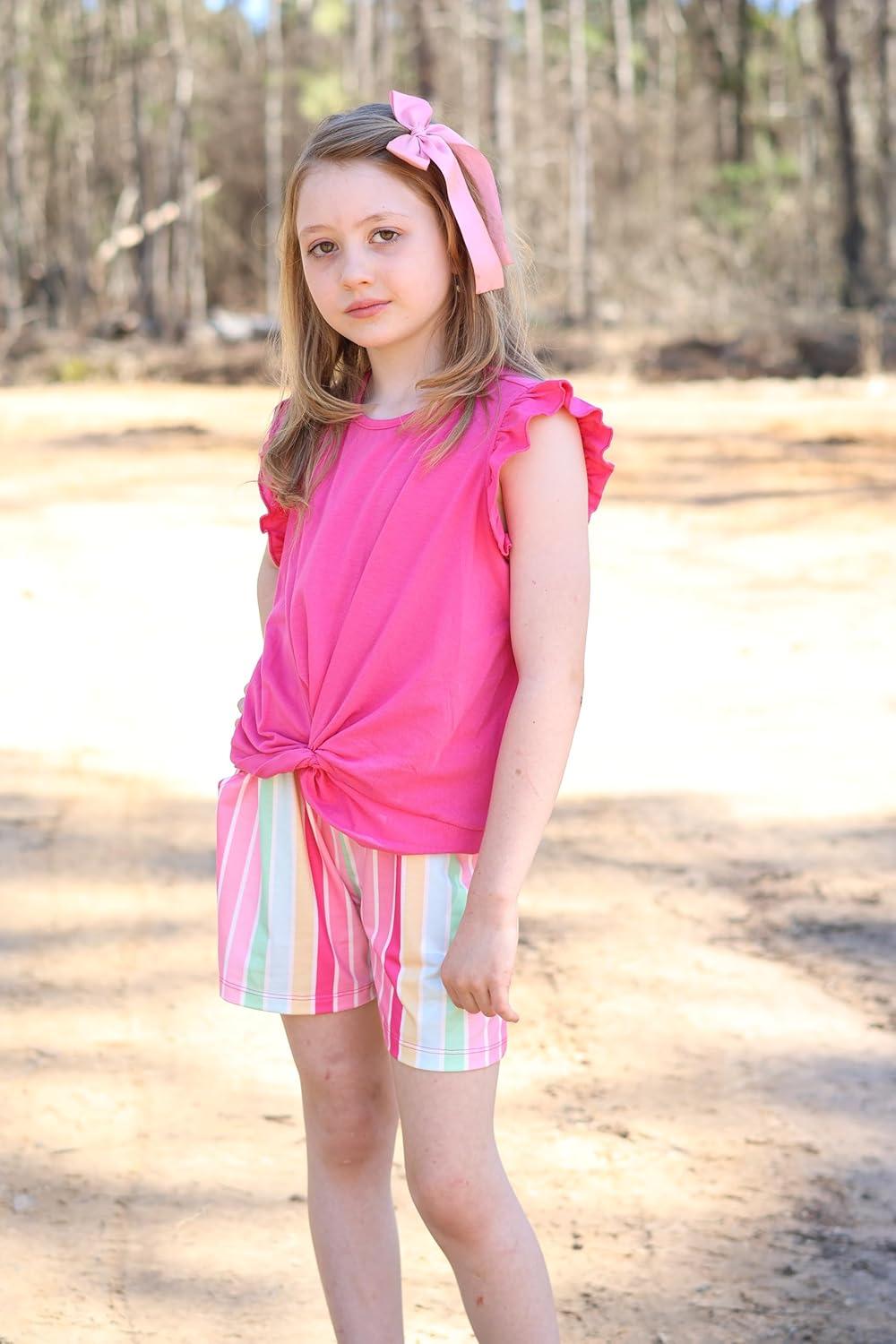 image:imageArshiner Girls Shorts Sets 2 Pieces Outfits Twist Front Ruffle Sleeve TShirts and Shorts With Pockets Cute Clothes SetsHot Pink