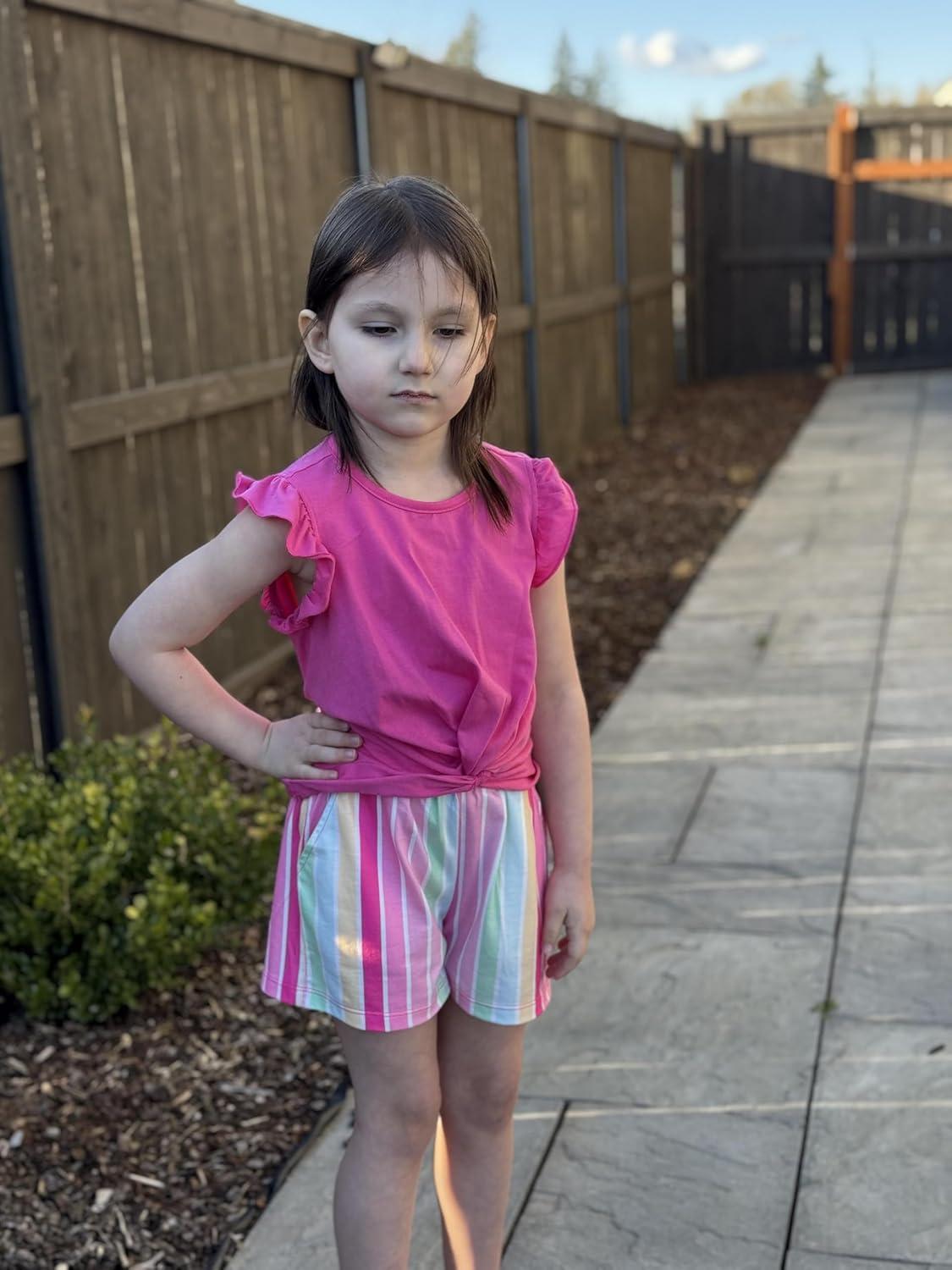 image:imageArshiner Girls Shorts Sets 2 Pieces Outfits Twist Front Ruffle Sleeve TShirts and Shorts With Pockets Cute Clothes SetsHot Pink