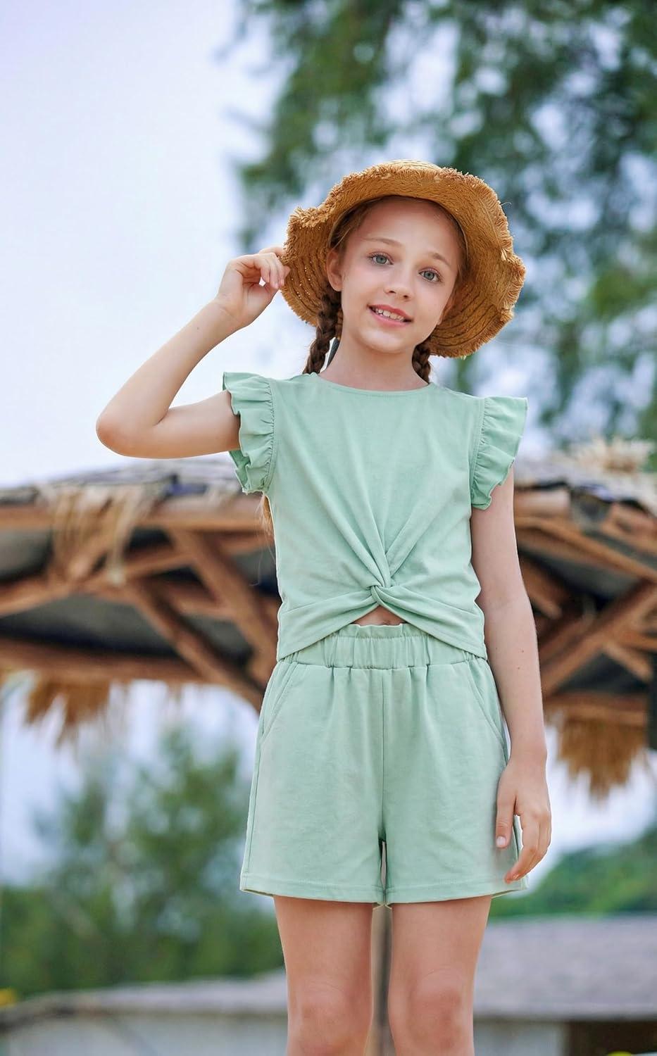 image:imageArshiner Girls Shorts Sets 2 Pieces Outfits Twist Front Ruffle Sleeve TShirts and Shorts With Pockets Cute Clothes SetsIce Green