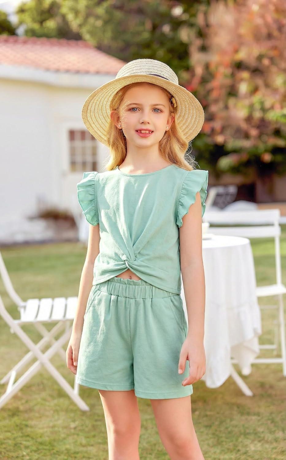 image:imageArshiner Girls Shorts Sets 2 Pieces Outfits Twist Front Ruffle Sleeve TShirts and Shorts With Pockets Cute Clothes SetsIce Green