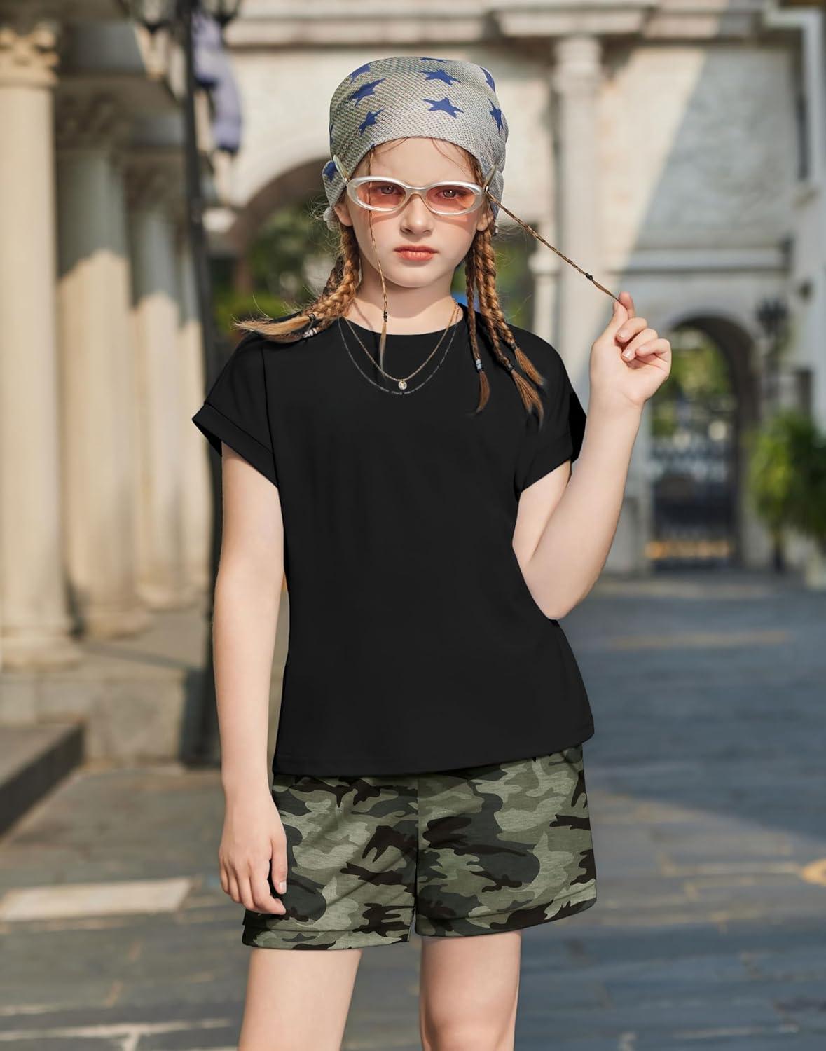 image:imageArshiner Girls Summer 2 Piece Outfits Short Sleeve T Shirts Top and Shorts Clothing Sets with PocketsBlack Camouflage