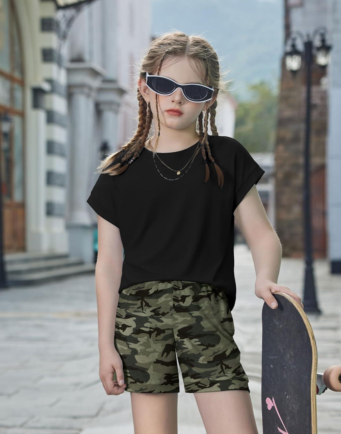 image:imageArshiner Girls Summer 2 Piece Outfits Short Sleeve T Shirts Top and Shorts Clothing Sets with PocketsBlack Camouflage