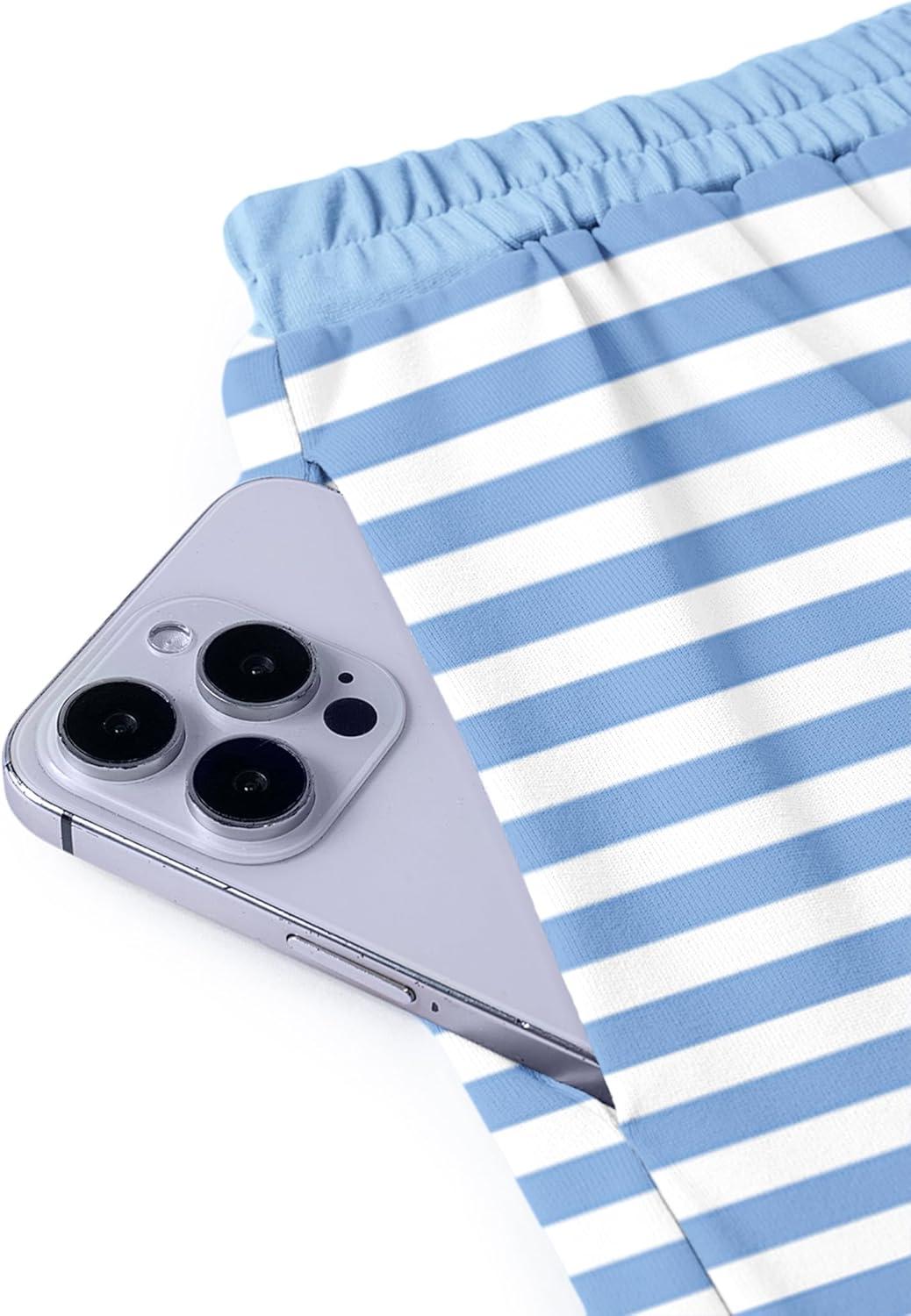 image:imageArshiner Girls Summer 2 Piece Outfits Short Sleeve T Shirts Top and Shorts Clothing Sets with PocketsBlue and White Stripes